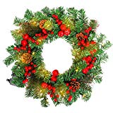 HENGMEI 50cm Guirnalda de Navidad Corona de Navidad Decoración Guirnaldas de Puertas con LED Blanco cálido, para Fiestas de Navidad (C, con piñas y Manzana, LED)